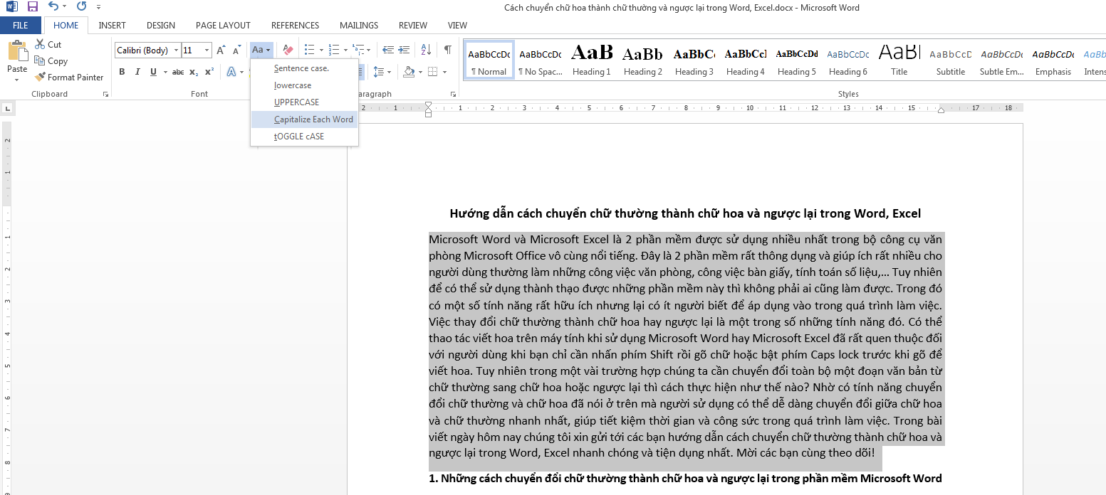 chuyển chữ thường thành chữ hoa trong word excel