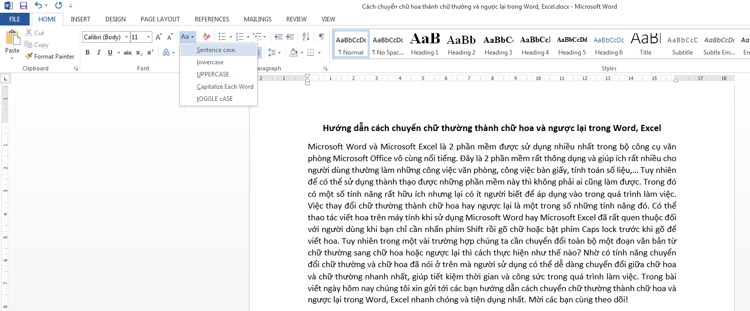 chuyển chữ thường thành chữ hoa trong word excel