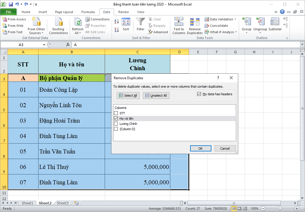 cách lọc dữ liệu trùng trong Excel