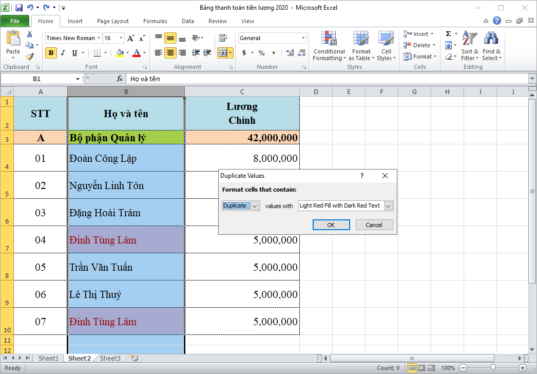 cách lọc dữ liệu trùng trong Excel